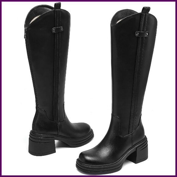 Knee High Boots with Chunky Heel Faux Leather Side Zipper Size 8